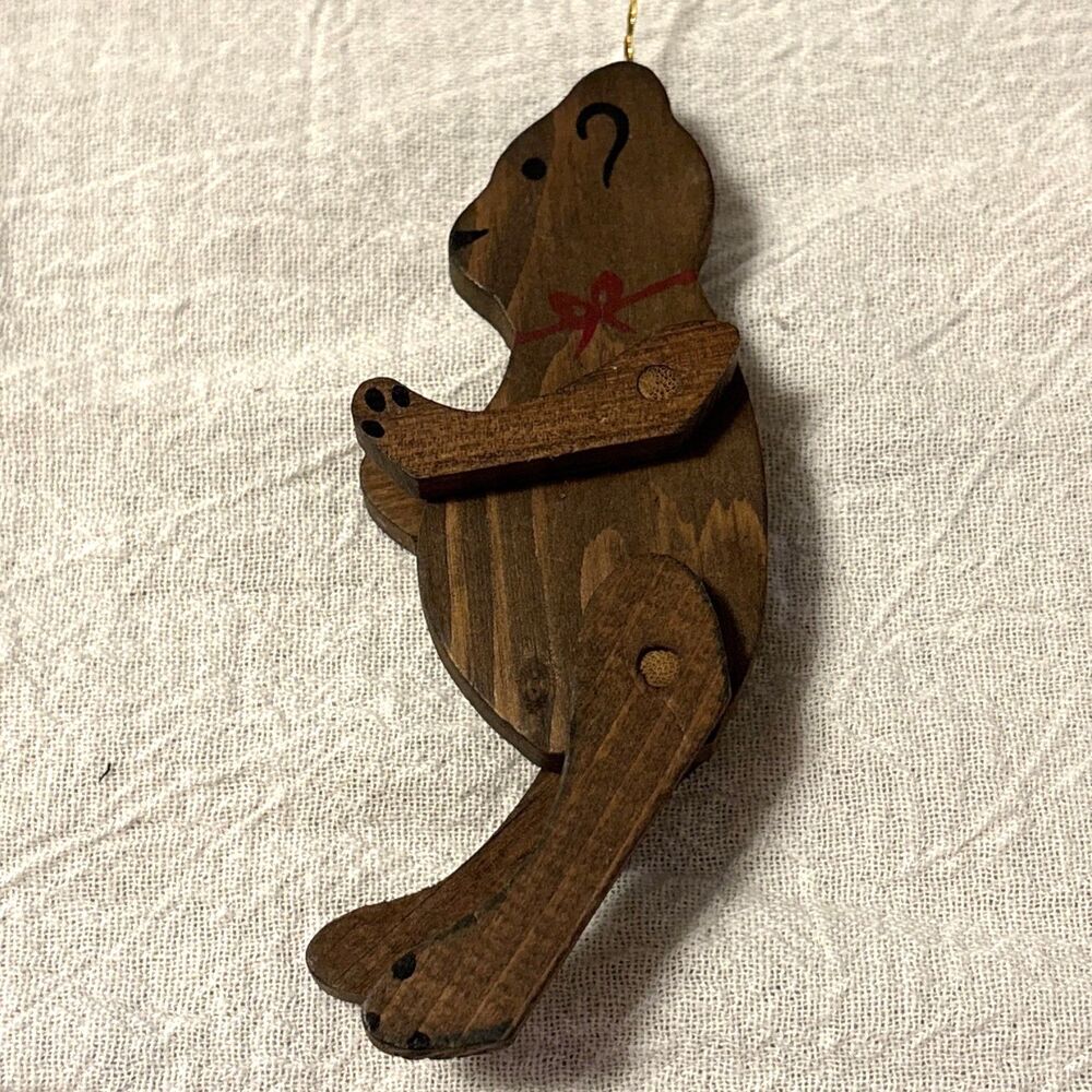 Vintage Handmade Wooden Jointed Teddy Bear Christmas Ornament 1980's